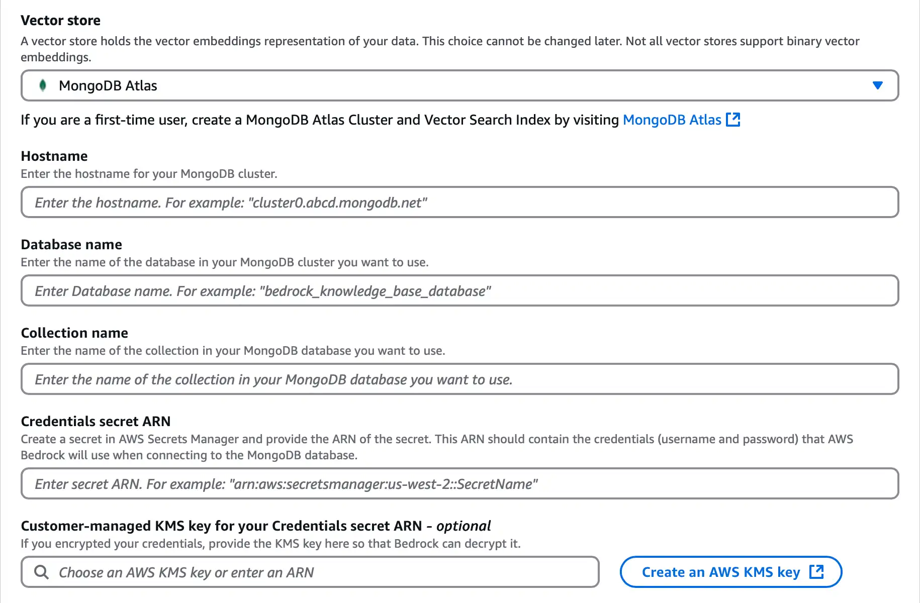 Screenshot of the Amazon Bedrock vector store configuration section.