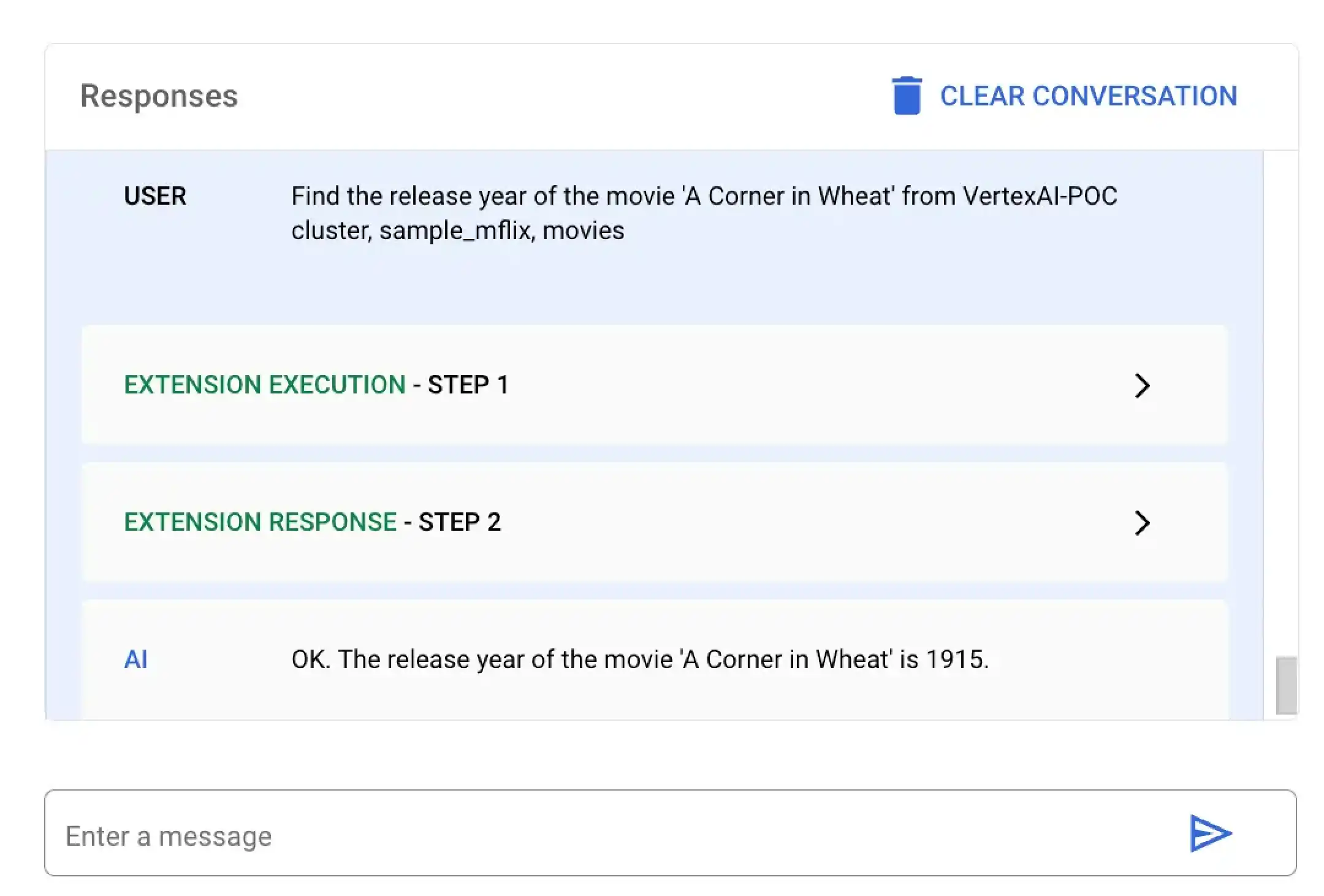 Screenshot of the Vertex AI response to the natural language query