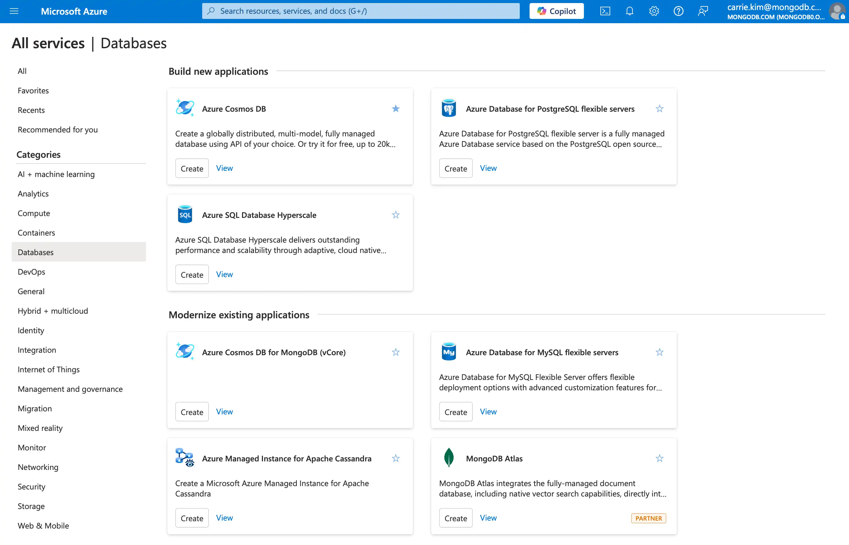 Azure databases page for navigating MongoDB Atlas